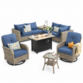 9 Pieces Patio Furniture Set All Weather Wicker Outdoor Conversation Set with 42" Fire Pit outside Furniture Patio Sofa with Swivel Chairs & Solar Table, Denim Blue