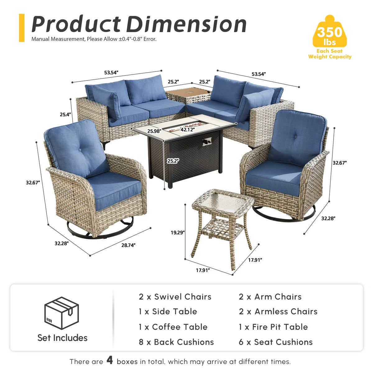 9 Pieces Patio Furniture Set All Weather Wicker Outdoor Conversation Set with 42" Fire Pit outside Furniture Patio Sofa with Swivel Chairs & Solar Table, Denim Blue